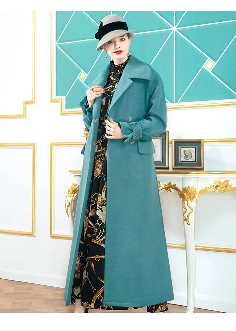 Teal Spread Collar Belted Wrap Maxi Coat