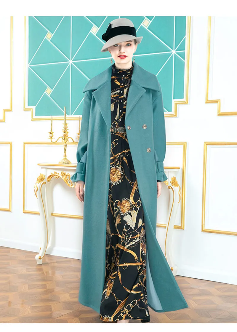 Teal Spread Collar Belted Wrap Maxi Coat