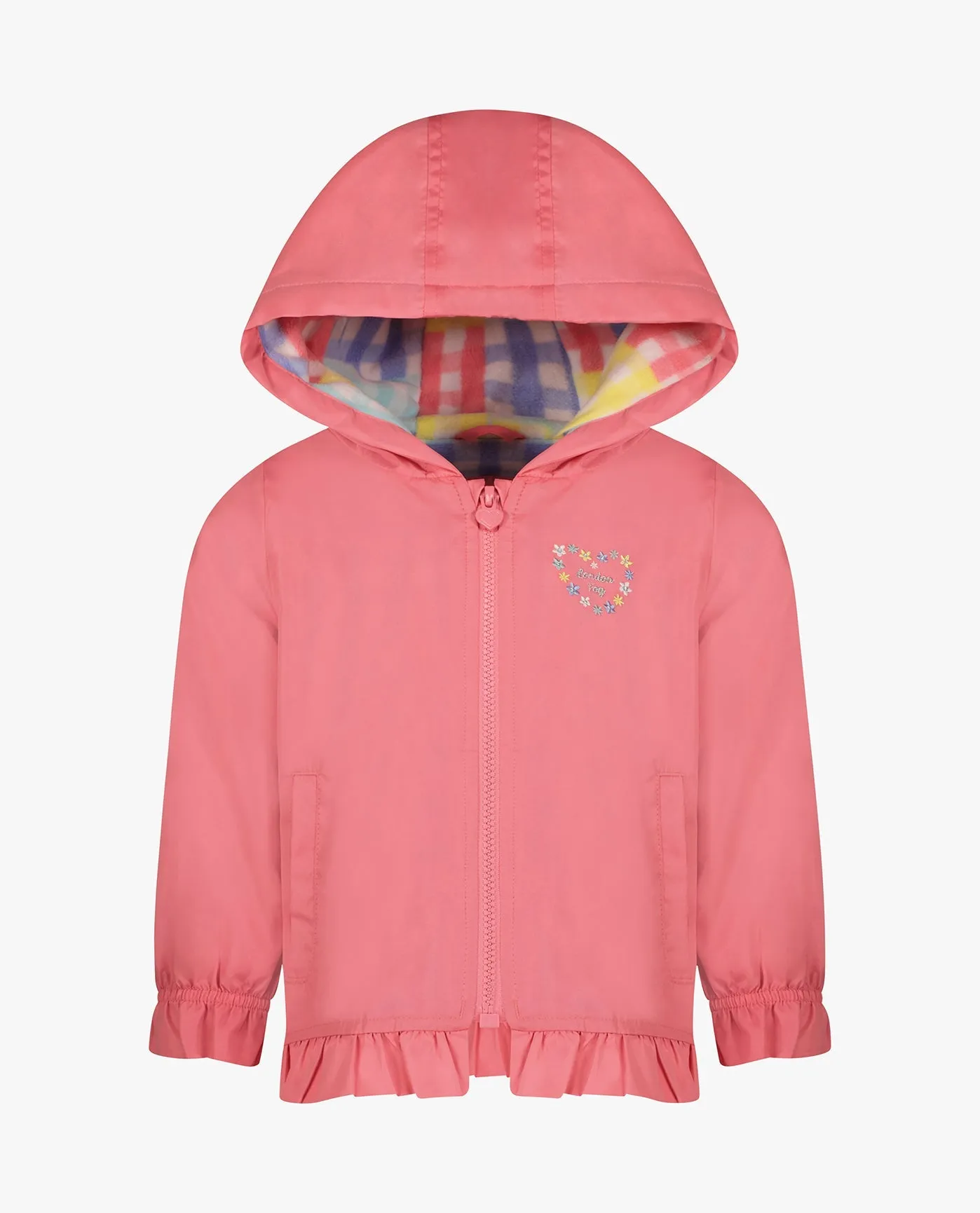 TODDLER GIRLS SOLID ZIP FRONT HOODED RUFFLE RAINCOAT