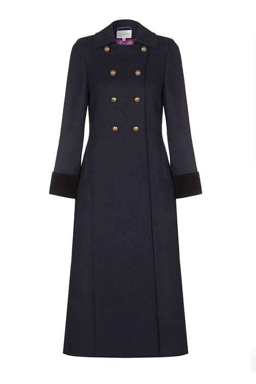 Trench Coat - Long Navy Wool Coat With Velvet Cuffs - 25% OFF