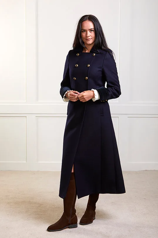 Trench Coat - Long Navy Wool Coat With Velvet Cuffs - 25% OFF