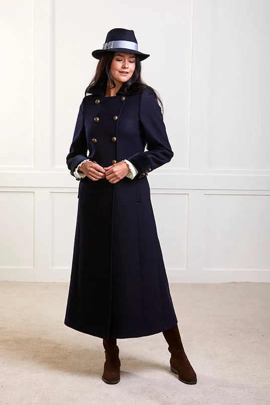 Trench Coat - Long Navy Wool Coat With Velvet Cuffs - 25% OFF