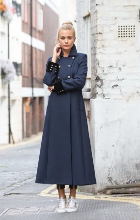 Trench Coat - Long Navy Wool Coat With Velvet Cuffs - 25% OFF