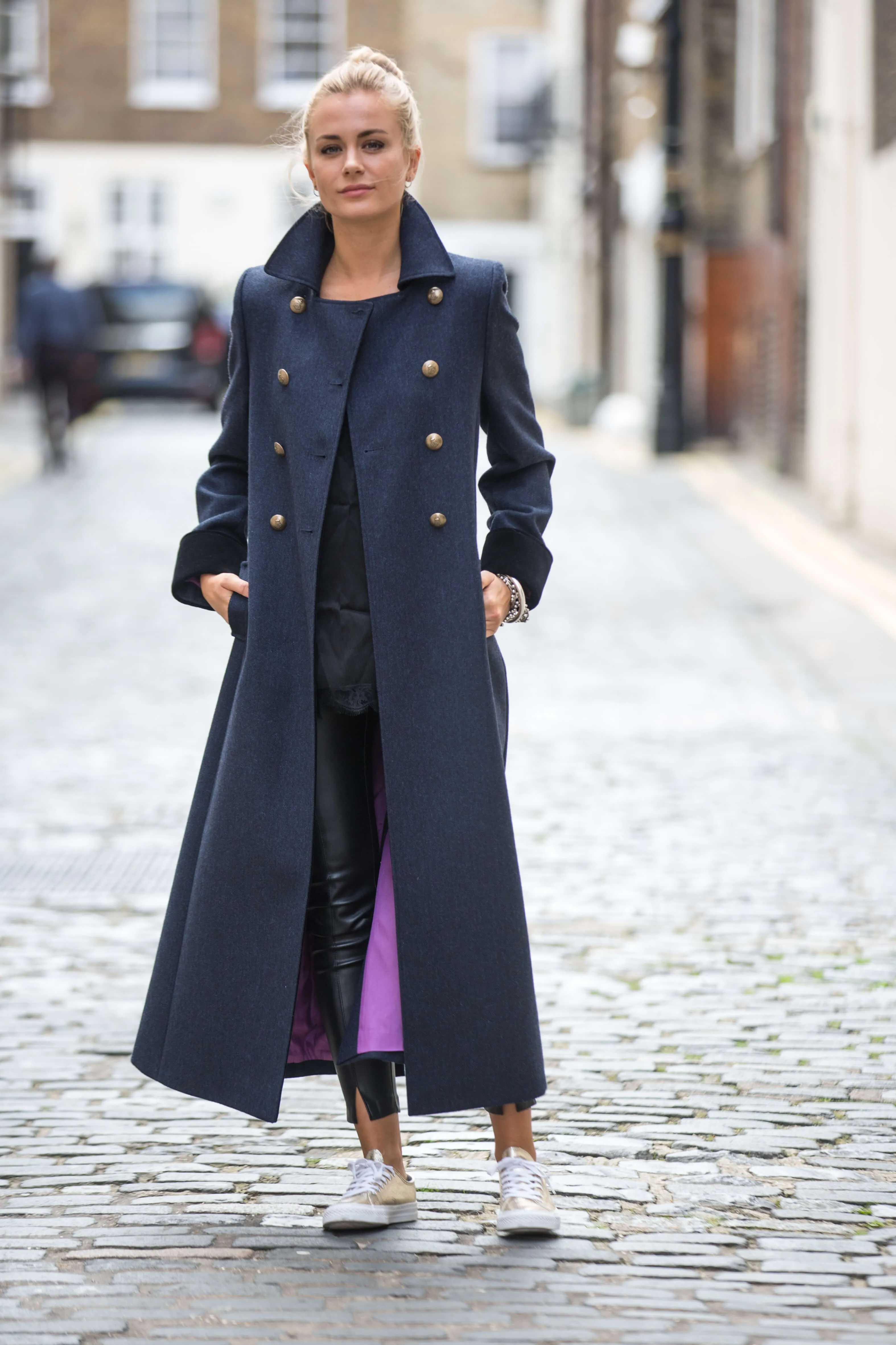 Trench Coat - Long Navy Wool Coat With Velvet Cuffs - 25% OFF