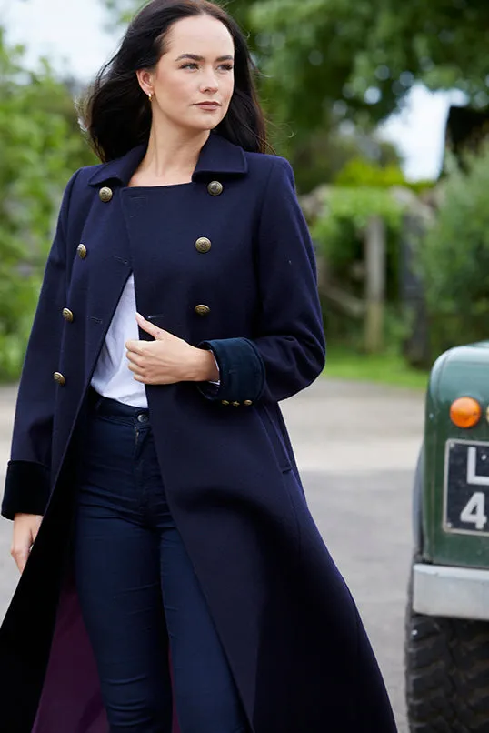 Trench Coat - Long Navy Wool Coat With Velvet Cuffs - 25% OFF