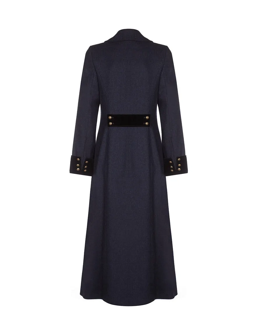 Trench Coat - Long Navy Wool Coat With Velvet Cuffs - 25% OFF