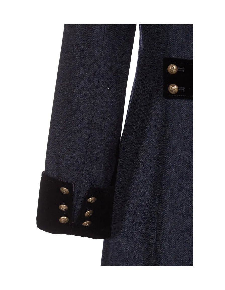 Trench Coat - Long Navy Wool Coat With Velvet Cuffs - 25% OFF