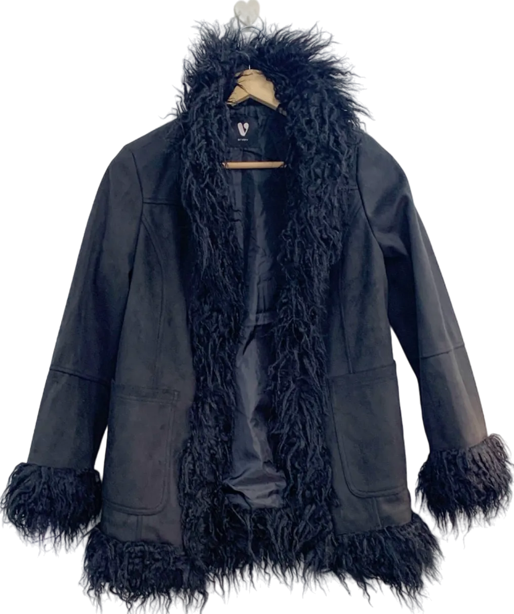 Very Black Faux Fur Trim Coat UK 12