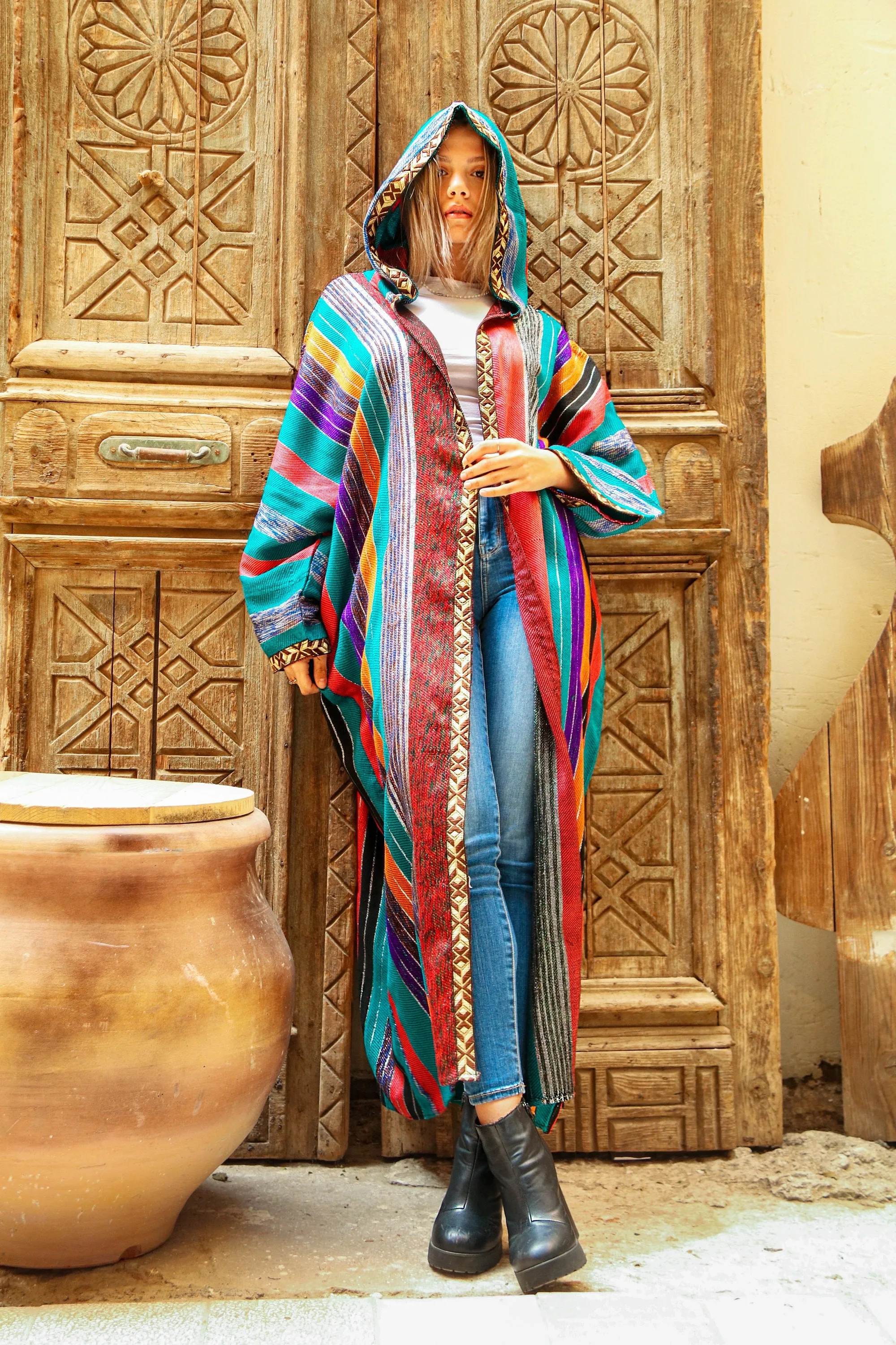 Vibrant Rainbow hand loomed Coat, Plus size wool Coat, Egyptian hoody coat, Winter coat, Hooded Coat, Hand loomed coat, boho wool coat