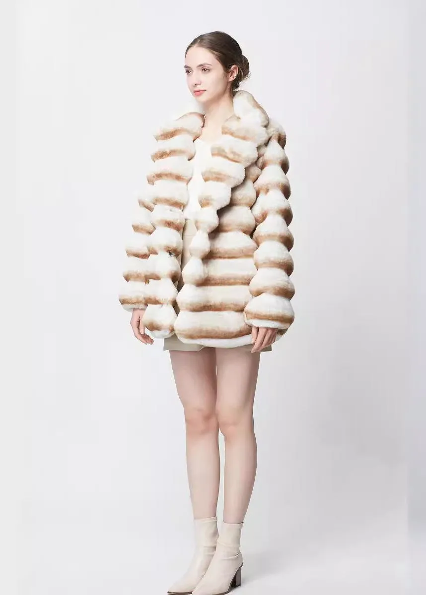 Vivian Seven Colorblock Ivory Brown Striped Faux Fur Coat