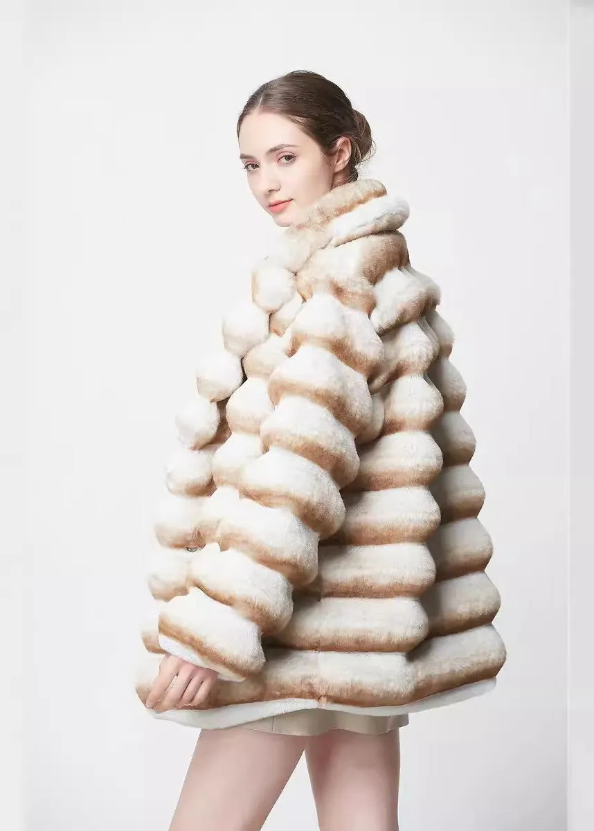 Vivian Seven Colorblock Ivory Brown Striped Faux Fur Coat