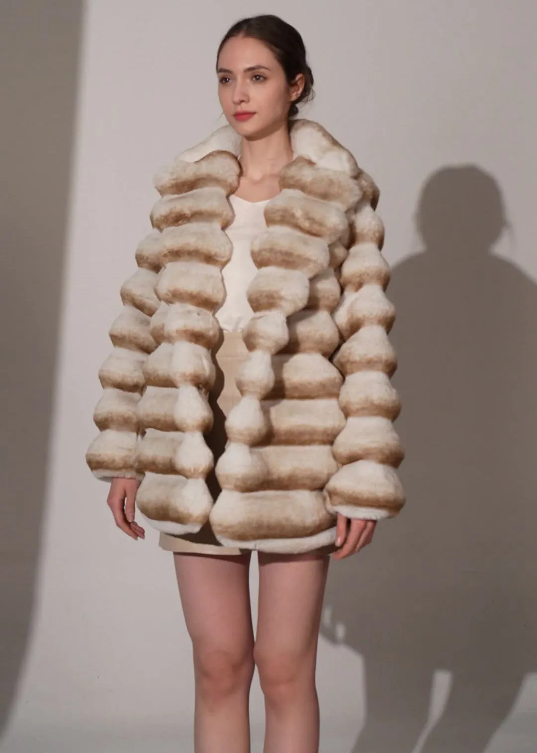 Vivian Seven Colorblock Ivory Brown Striped Faux Fur Coat