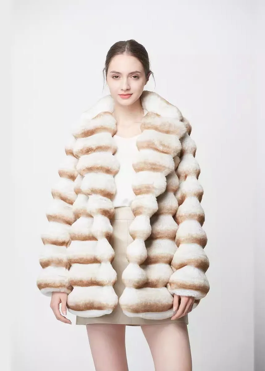 Vivian Seven Colorblock Ivory Brown Striped Faux Fur Coat