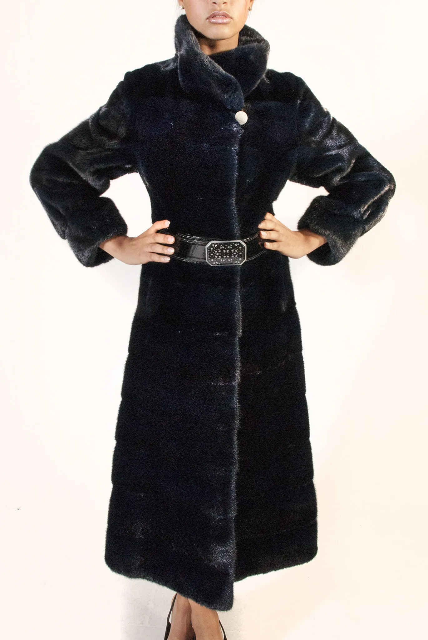 WEB SPECIAL - Long Horizontal Blue-Black  Mink Belted Coat