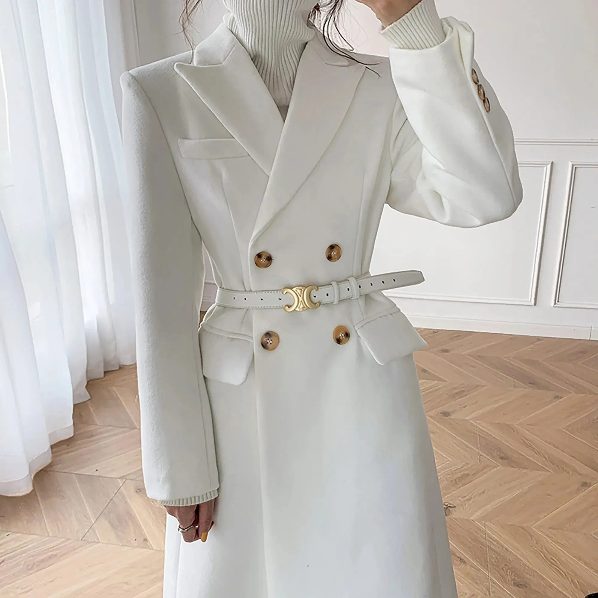 White Double Breasted Wool Blend Midi Coat