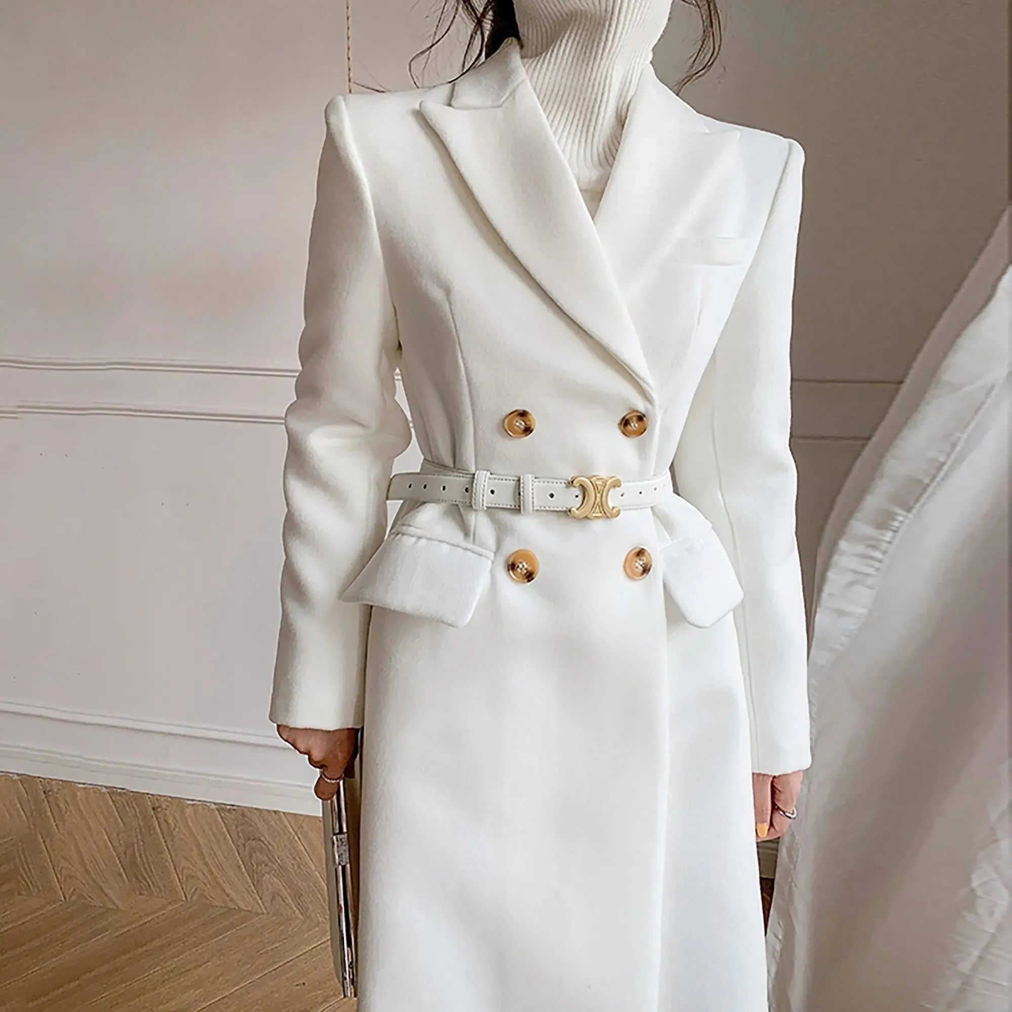 White Double Breasted Wool Blend Midi Coat