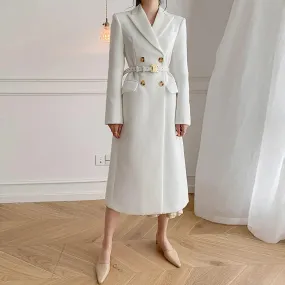 White Double Breasted Wool Blend Midi Coat