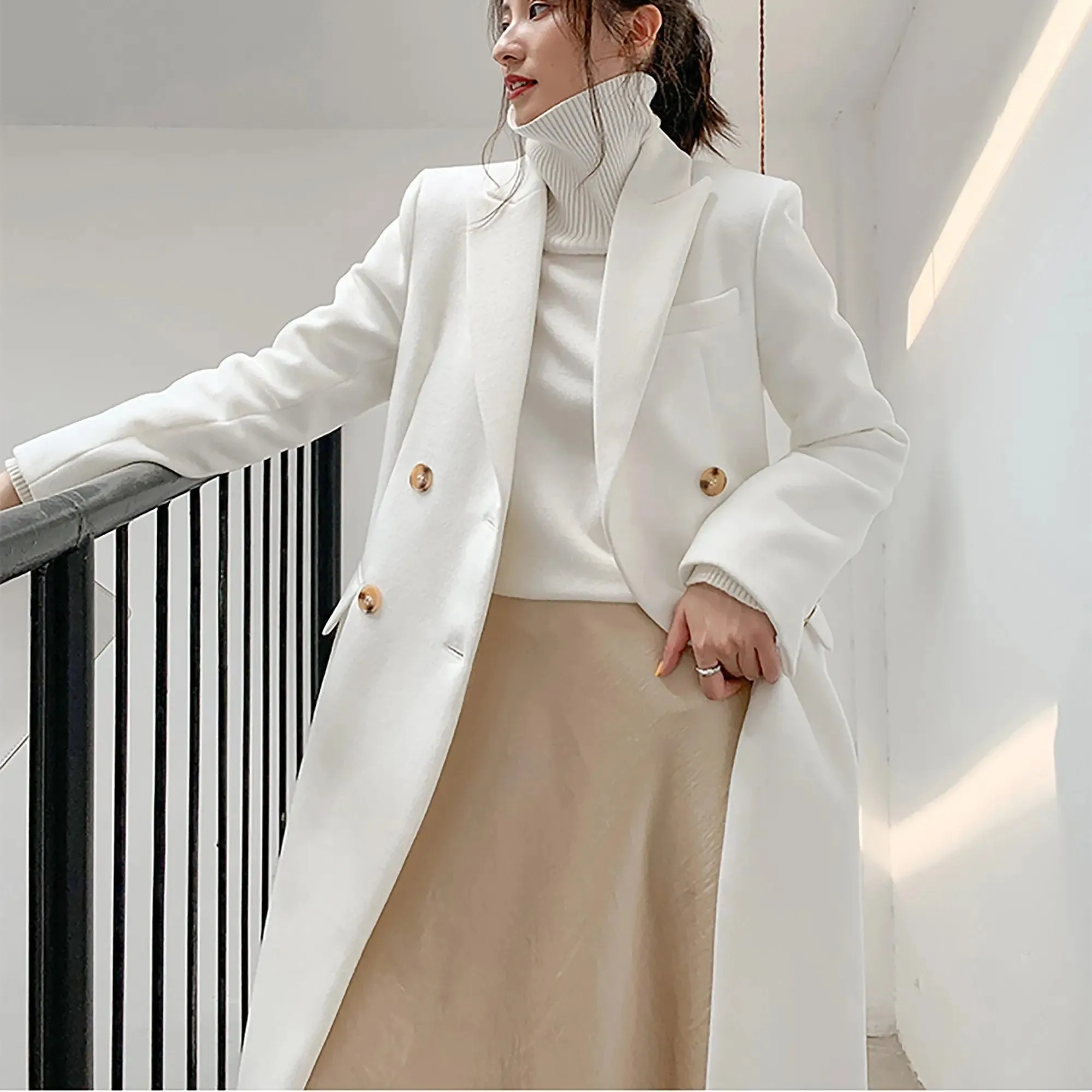 White Double Breasted Wool Blend Midi Coat