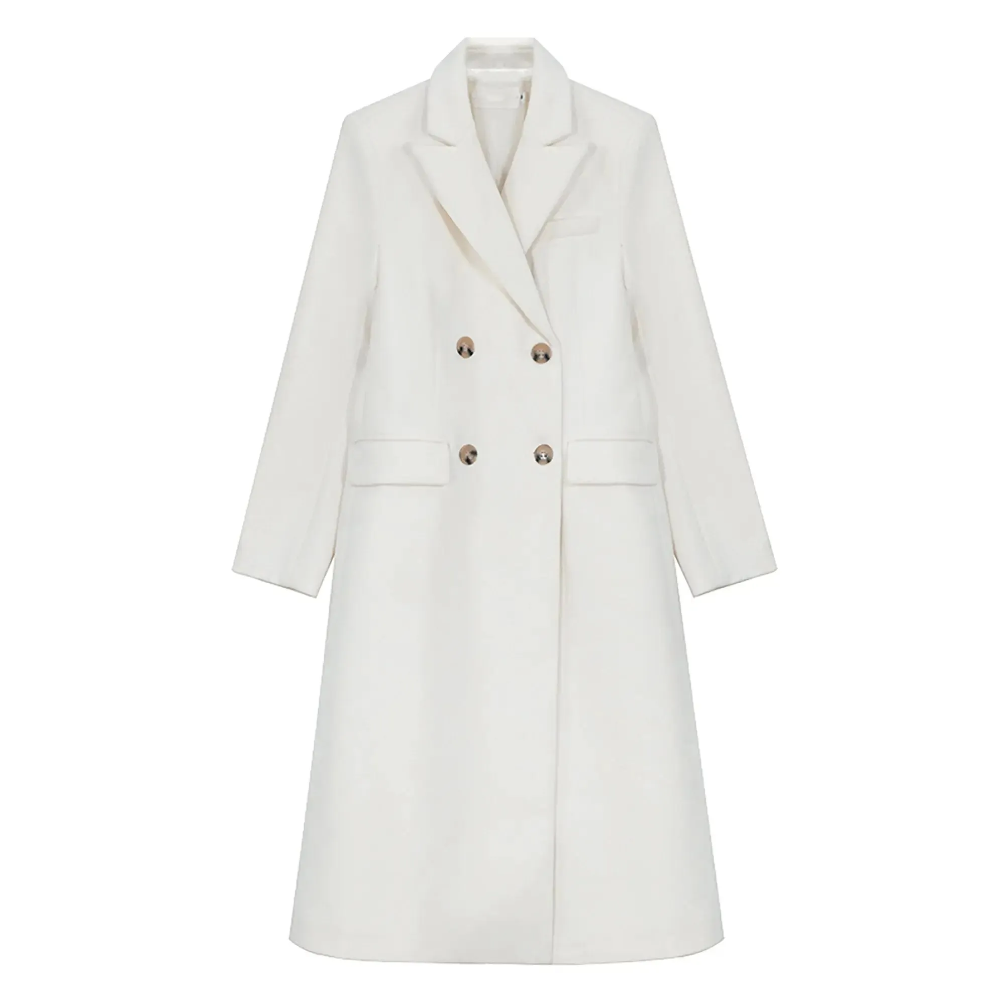 White Double Breasted Wool Blend Midi Coat