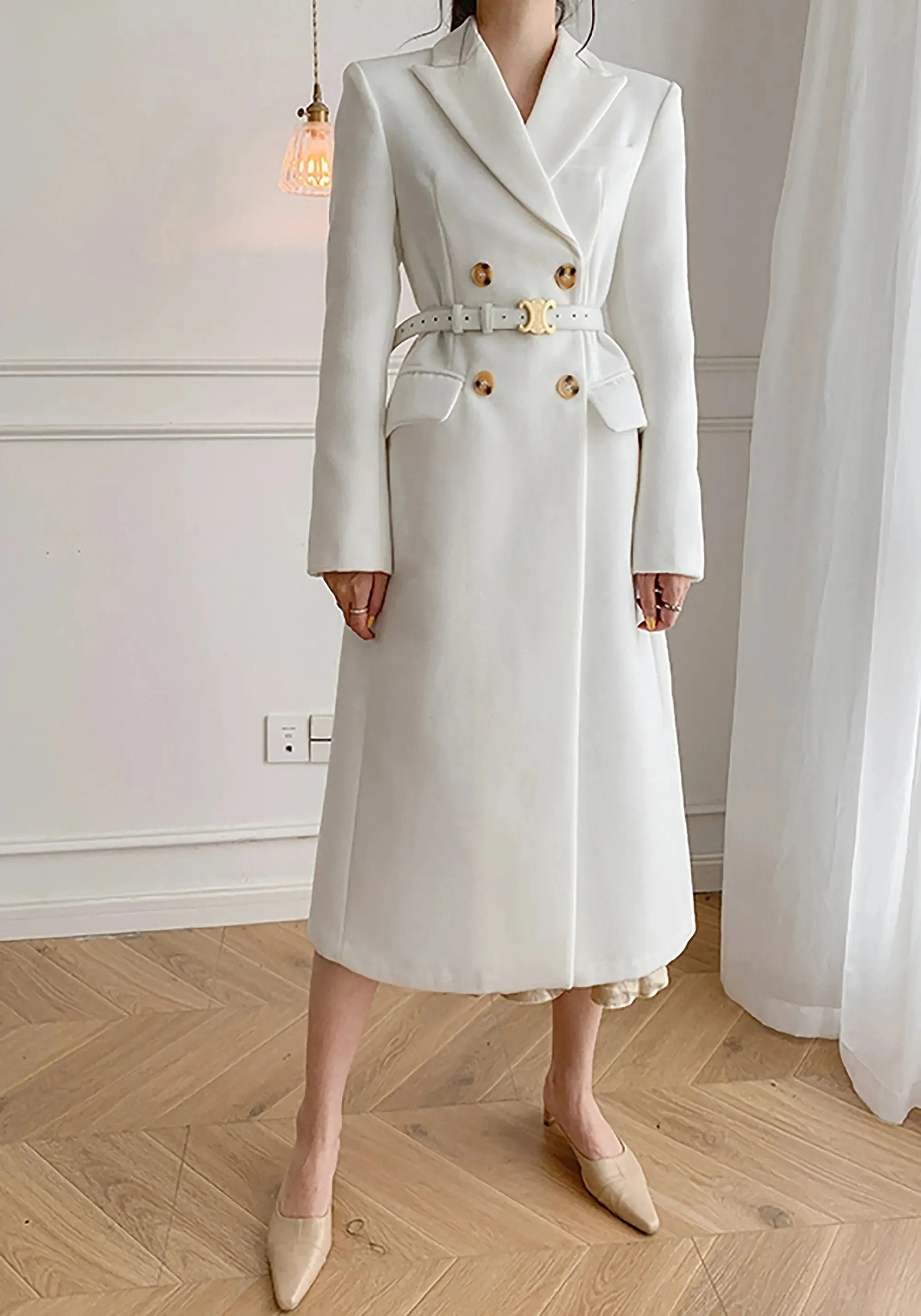 White Double Breasted Wool Blend Midi Coat