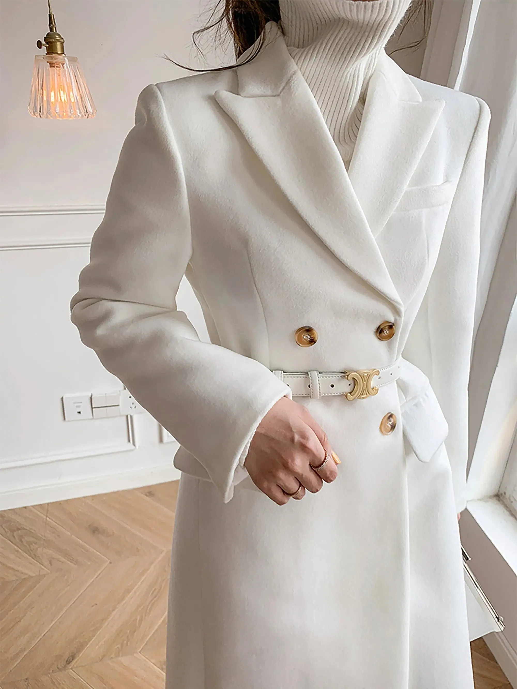 White Double Breasted Wool Blend Midi Coat