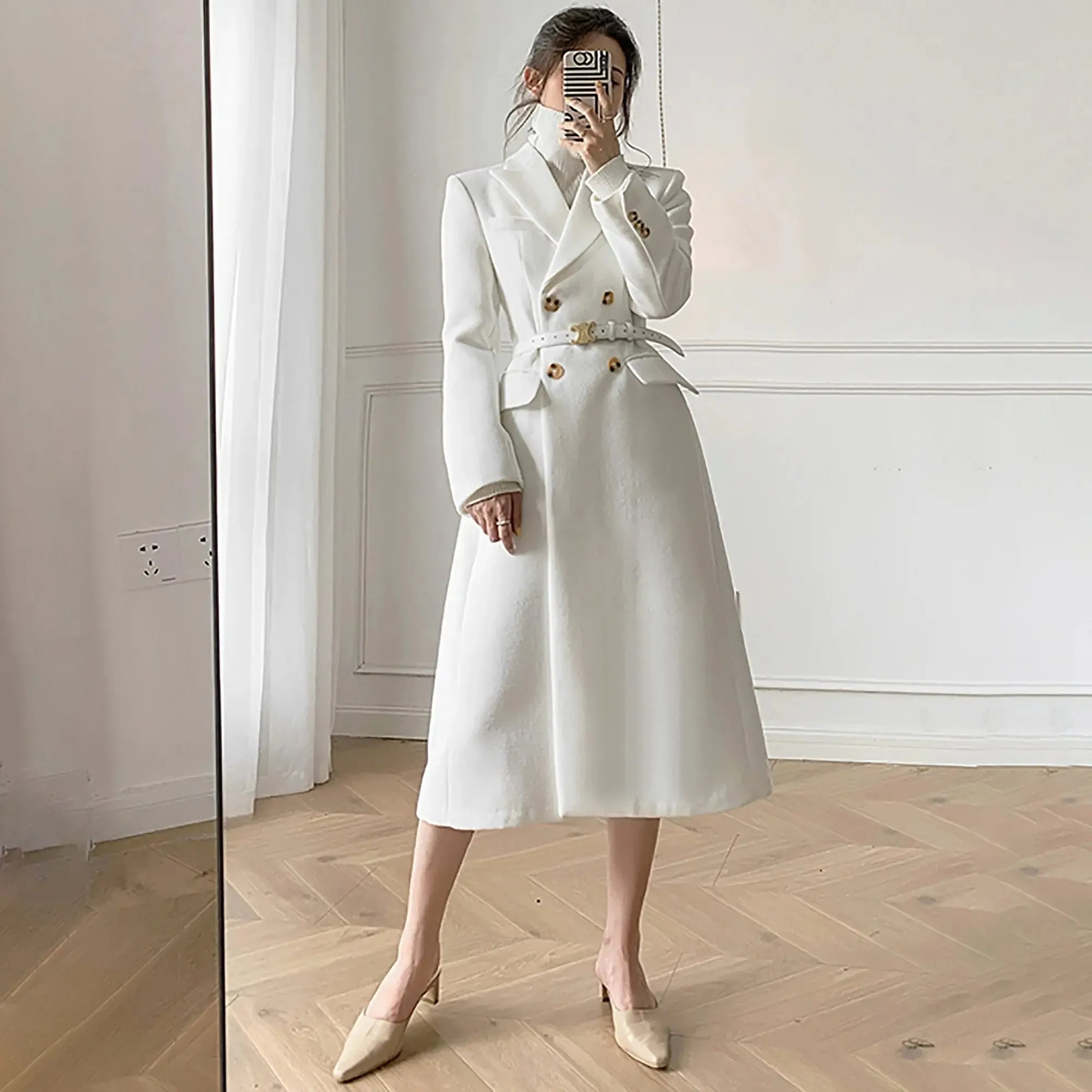 White Double Breasted Wool Blend Midi Coat