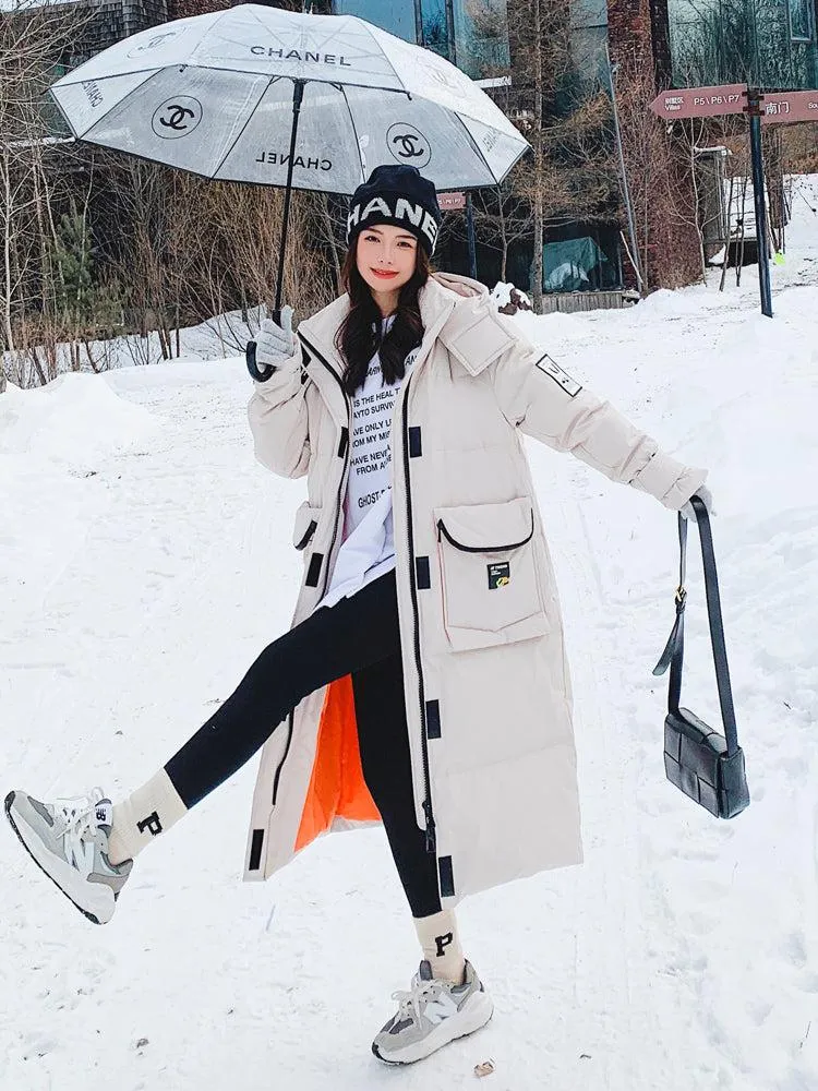 White Hooded Long Warm Down Puffer Parka