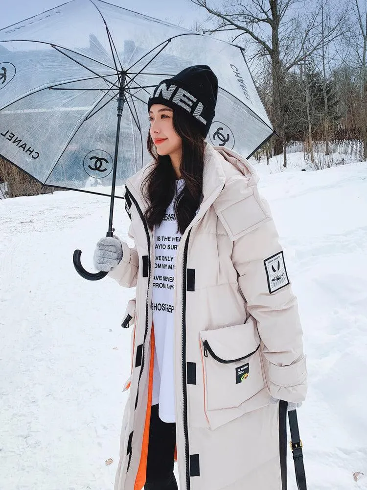 White Hooded Long Warm Down Puffer Parka