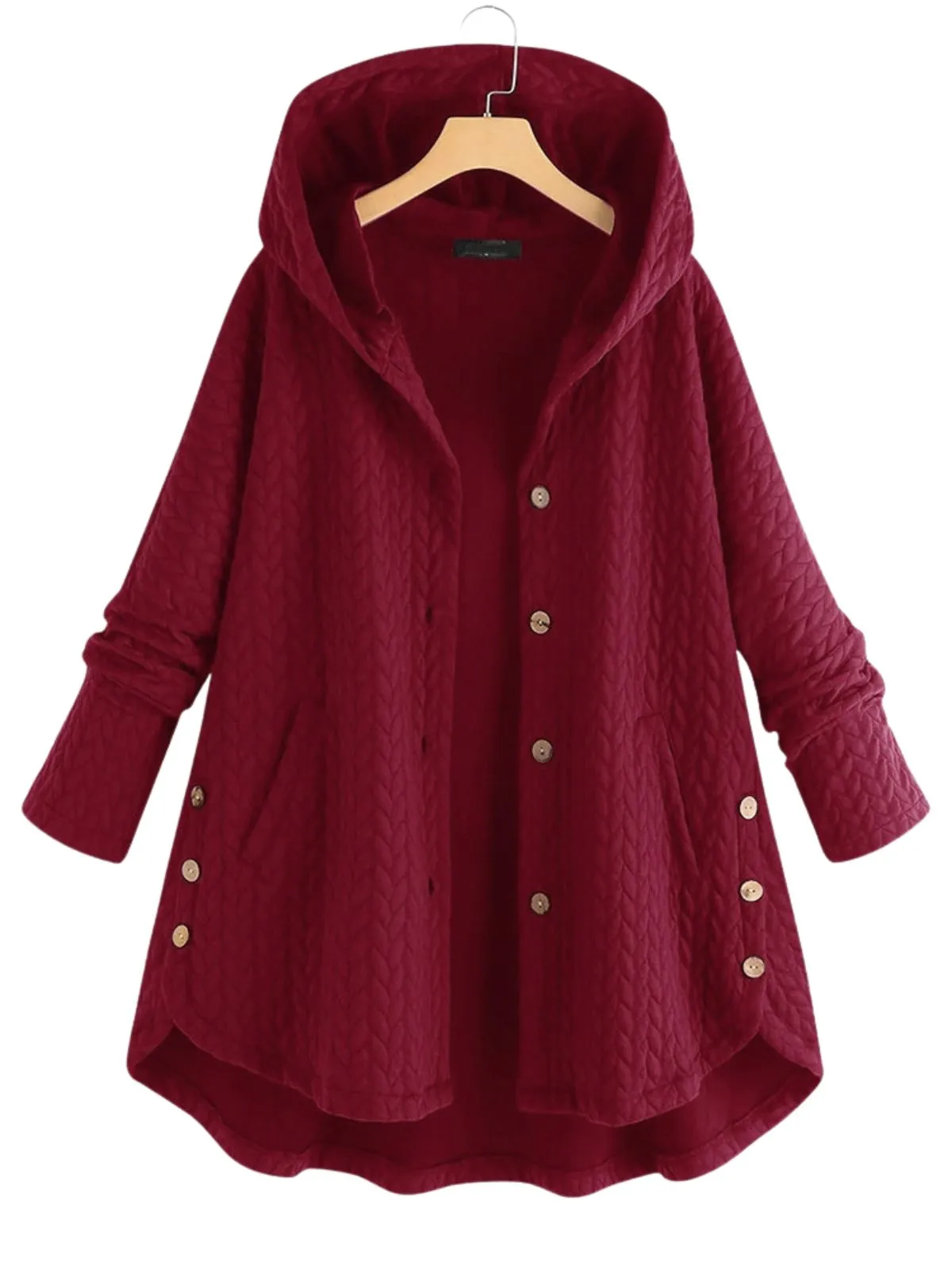 Wine Red Textured Vintage Button Coat