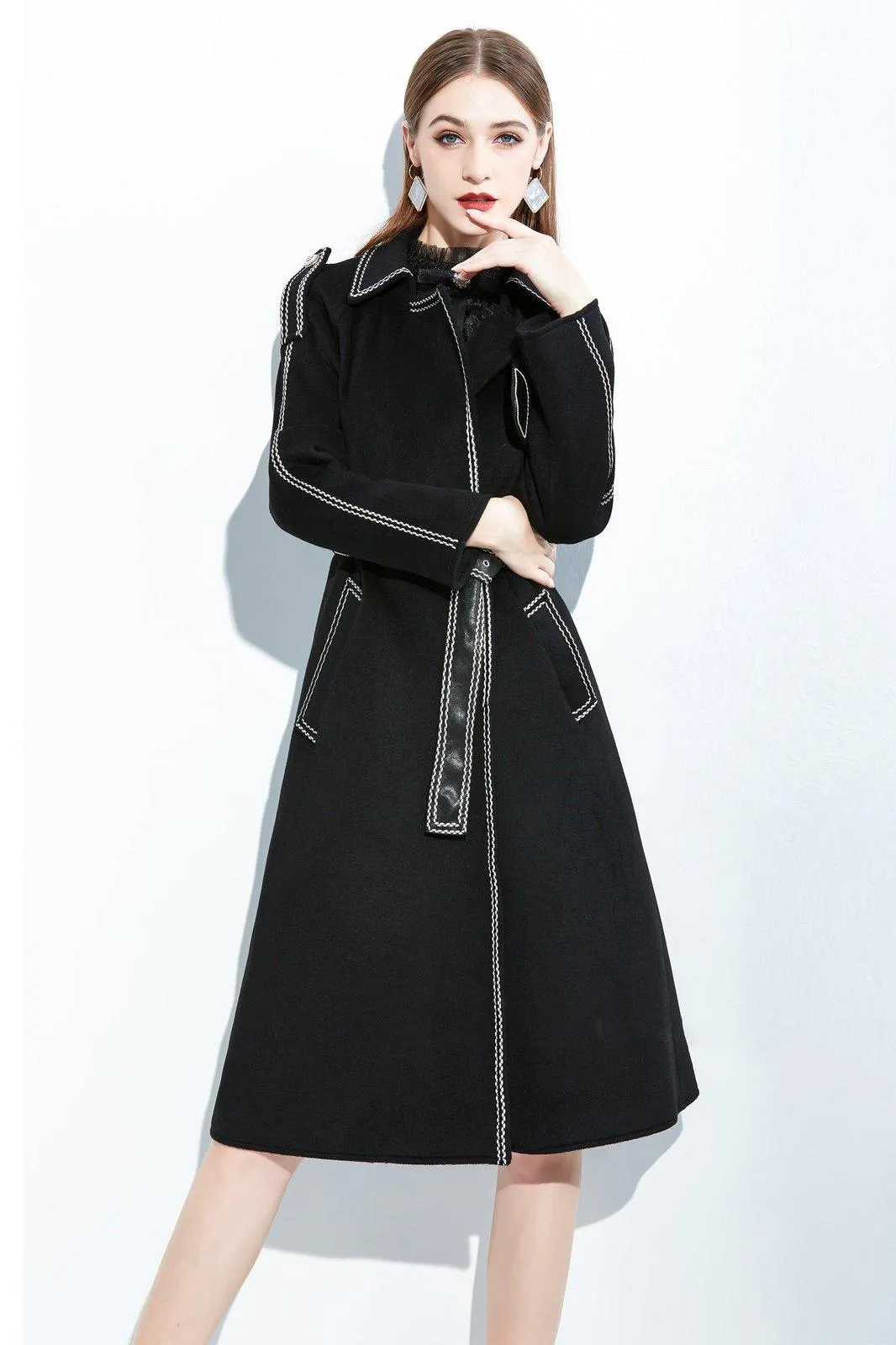 Women Black Long Wool Coat,Belted Leather Wool Overcoat