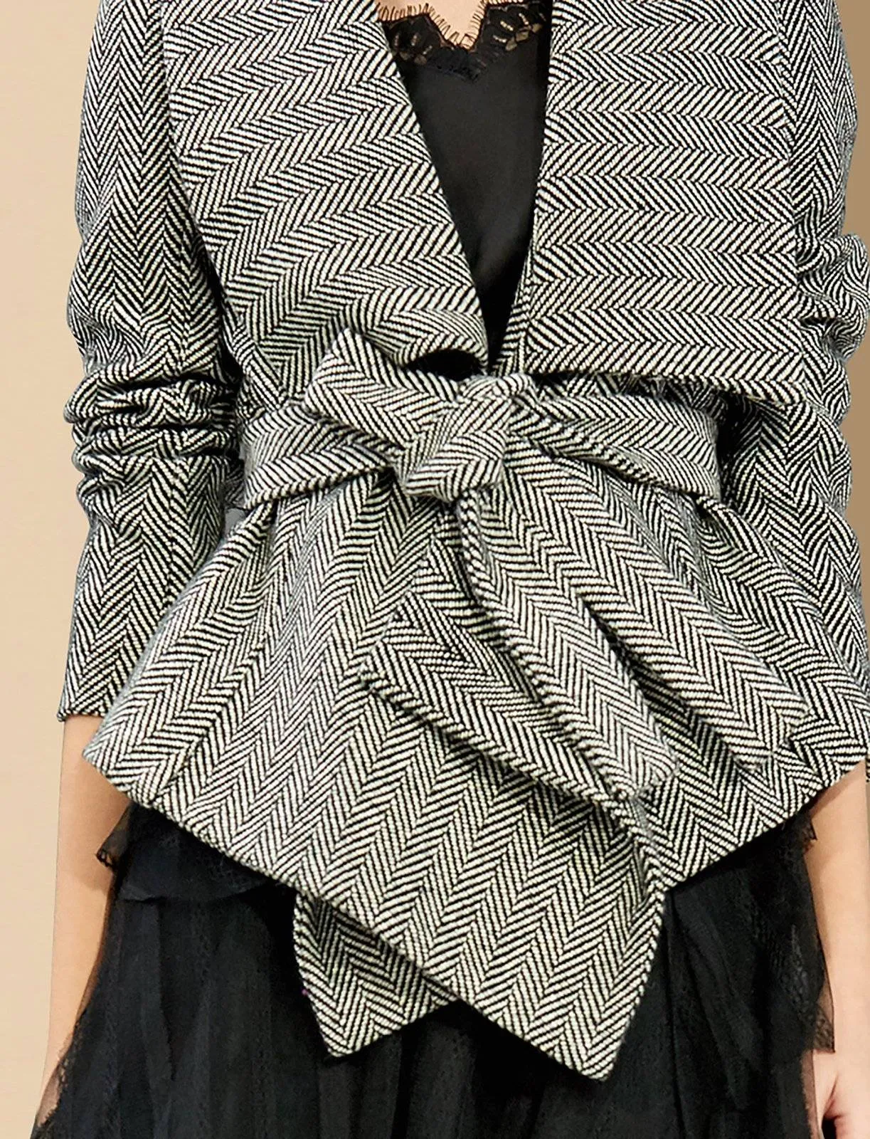 Women Gray herringbone pattern Wool Blazer Coat with belt