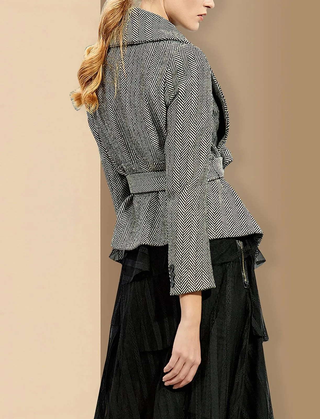 Women Gray herringbone pattern Wool Blazer Coat with belt