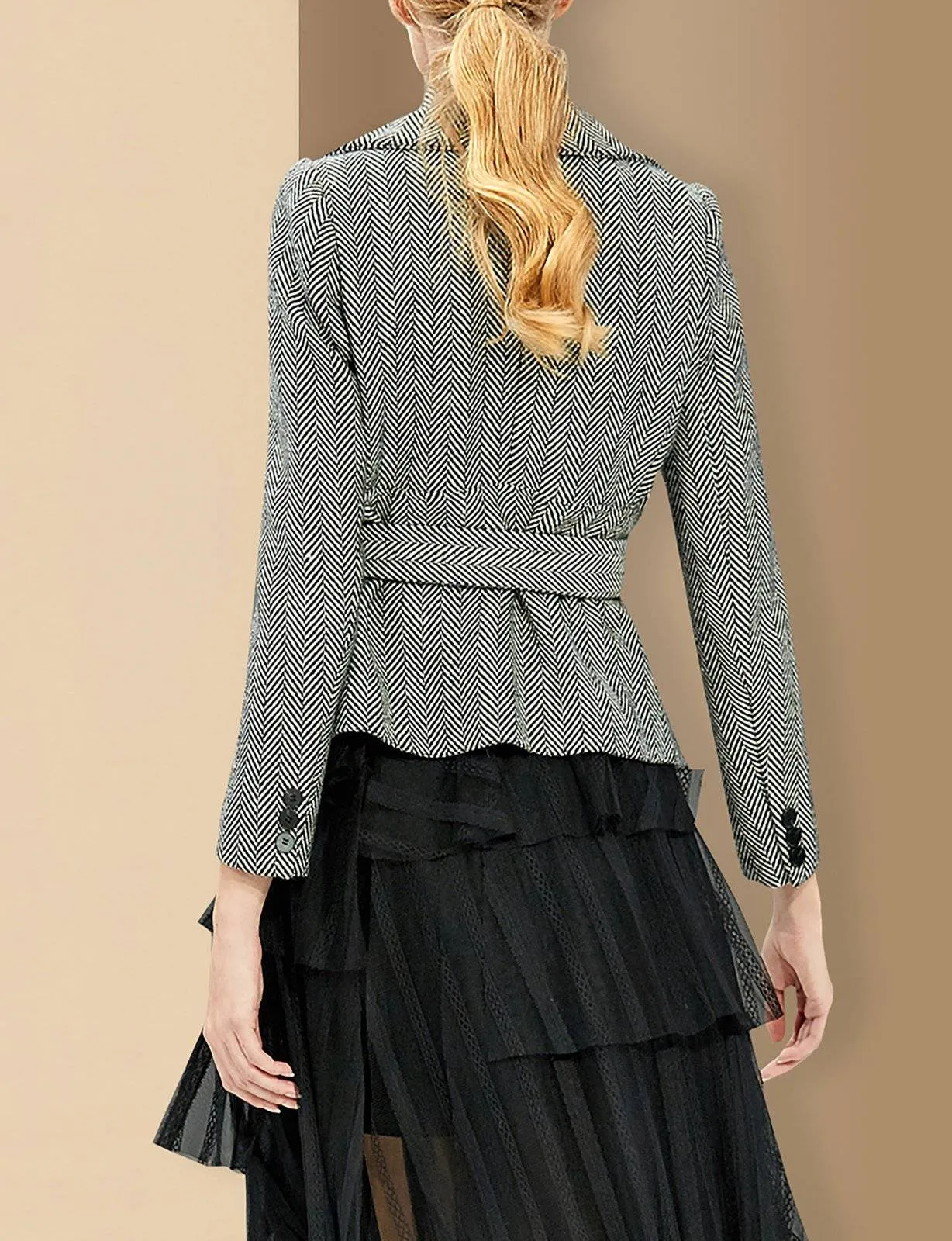 Women Gray herringbone pattern Wool Blazer Coat with belt