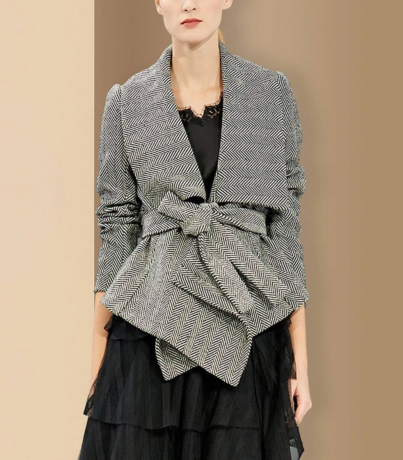 Women Gray herringbone pattern Wool Blazer Coat with belt