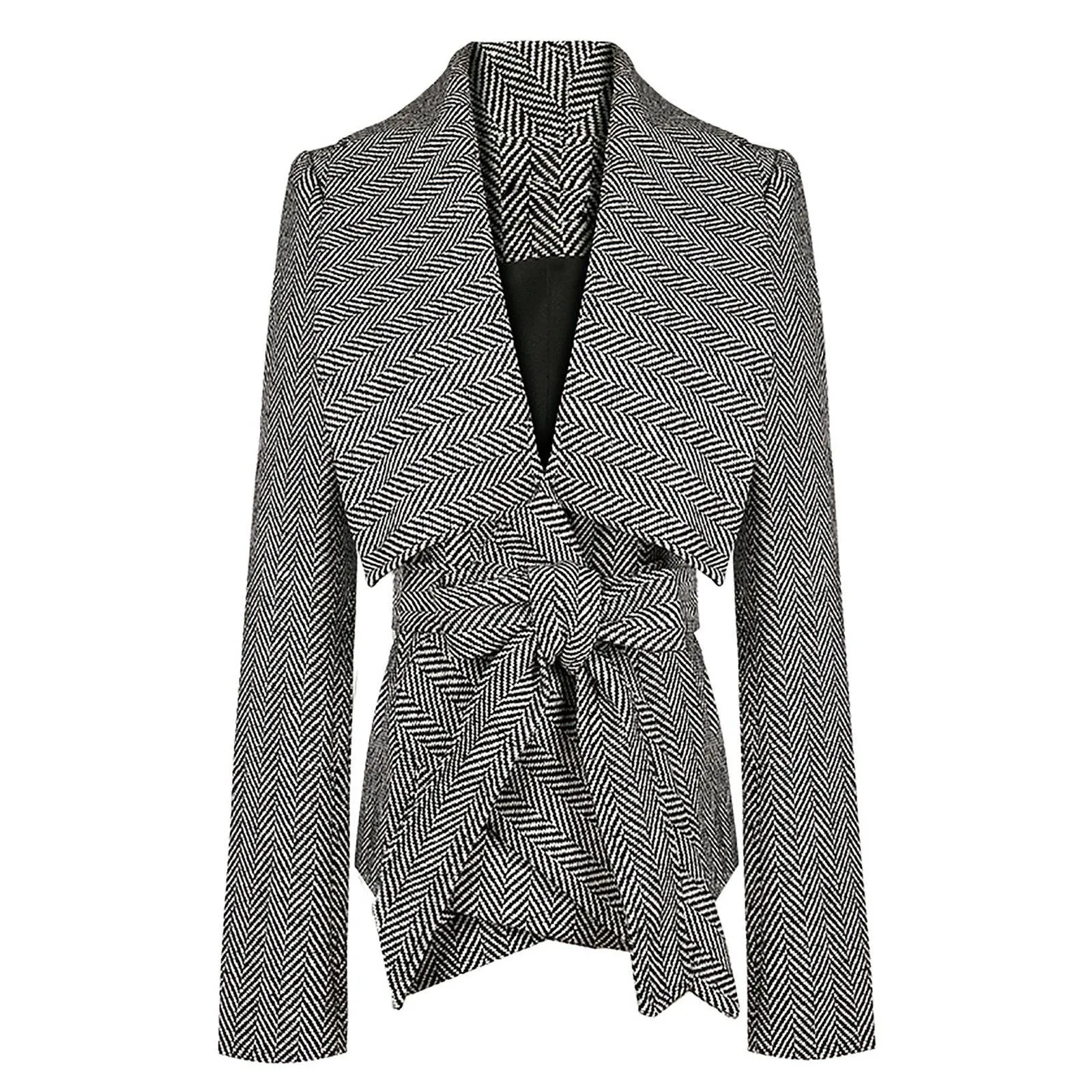 Women Gray herringbone pattern Wool Blazer Coat with belt