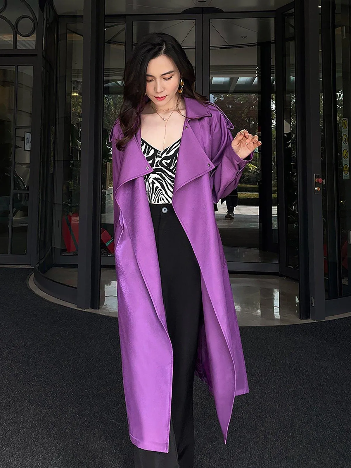 Women Purple Oversize Belted Long Trench Coat