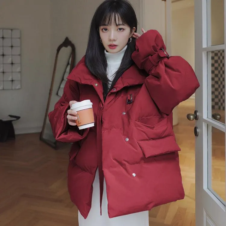 Women Red Oversize Short Quilted Puffer Parka Coat Purple Warm Jacket Oversize Winter Coat