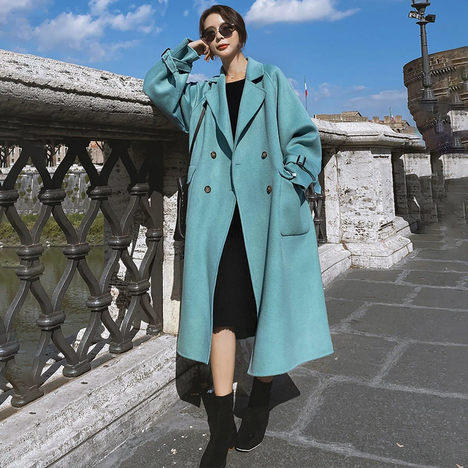 Women Wool Long Coat,Oversize Woolen Coat,Blue Long Wool Coat,Loose Long Coat,Double breasted coat,Reefer Coat,Wool Blend Coat,Black Coat