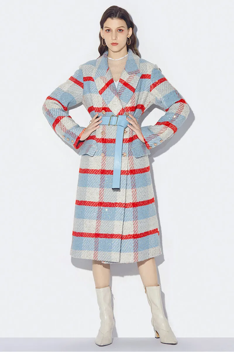 Wool Blend Plaid Sequin Double Breasted Coat