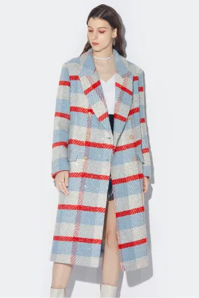 Wool Blend Plaid Sequin Double Breasted Coat