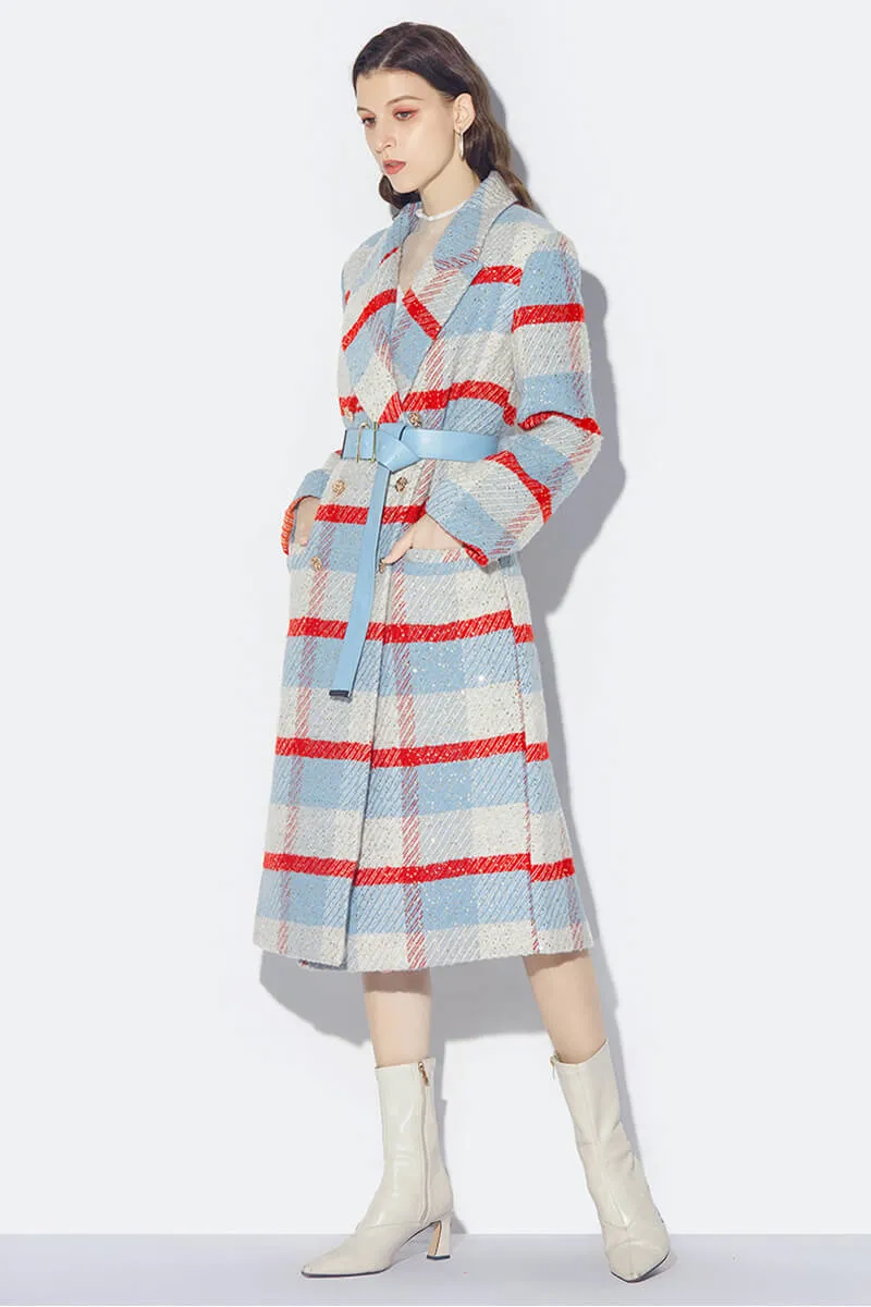 Wool Blend Plaid Sequin Double Breasted Coat