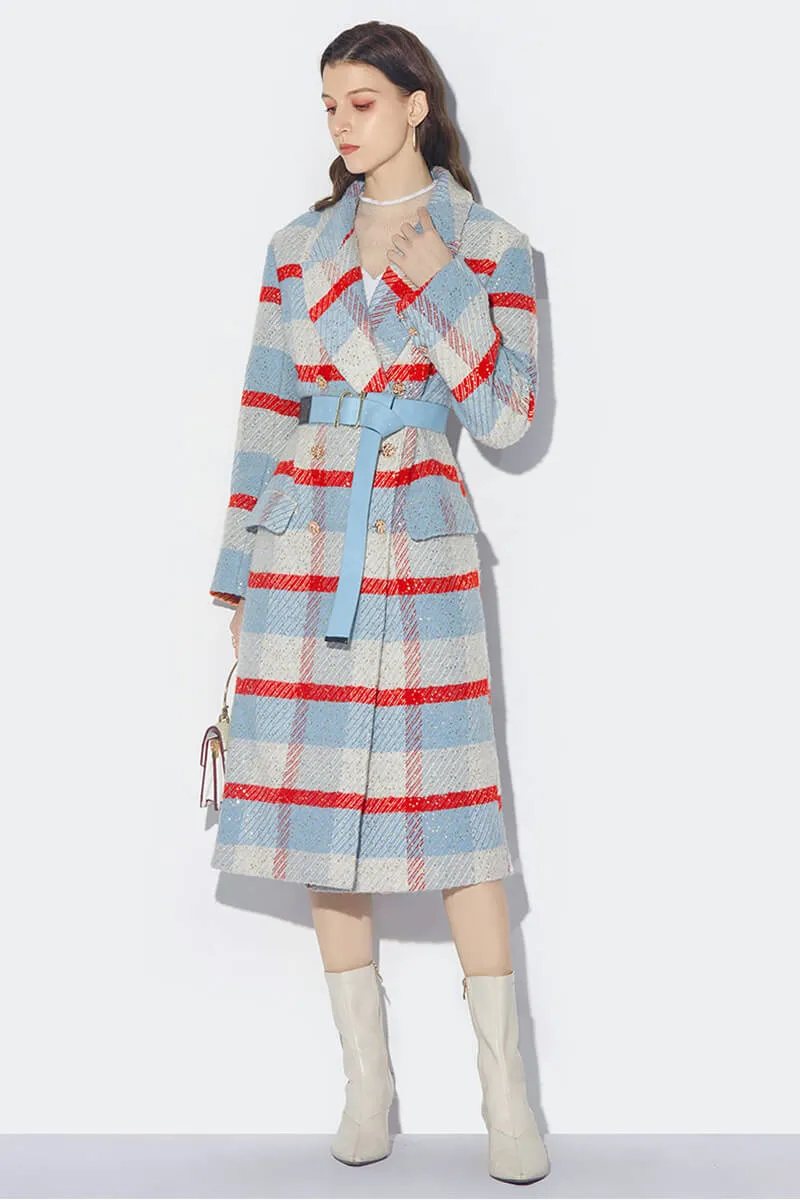 Wool Blend Plaid Sequin Double Breasted Coat