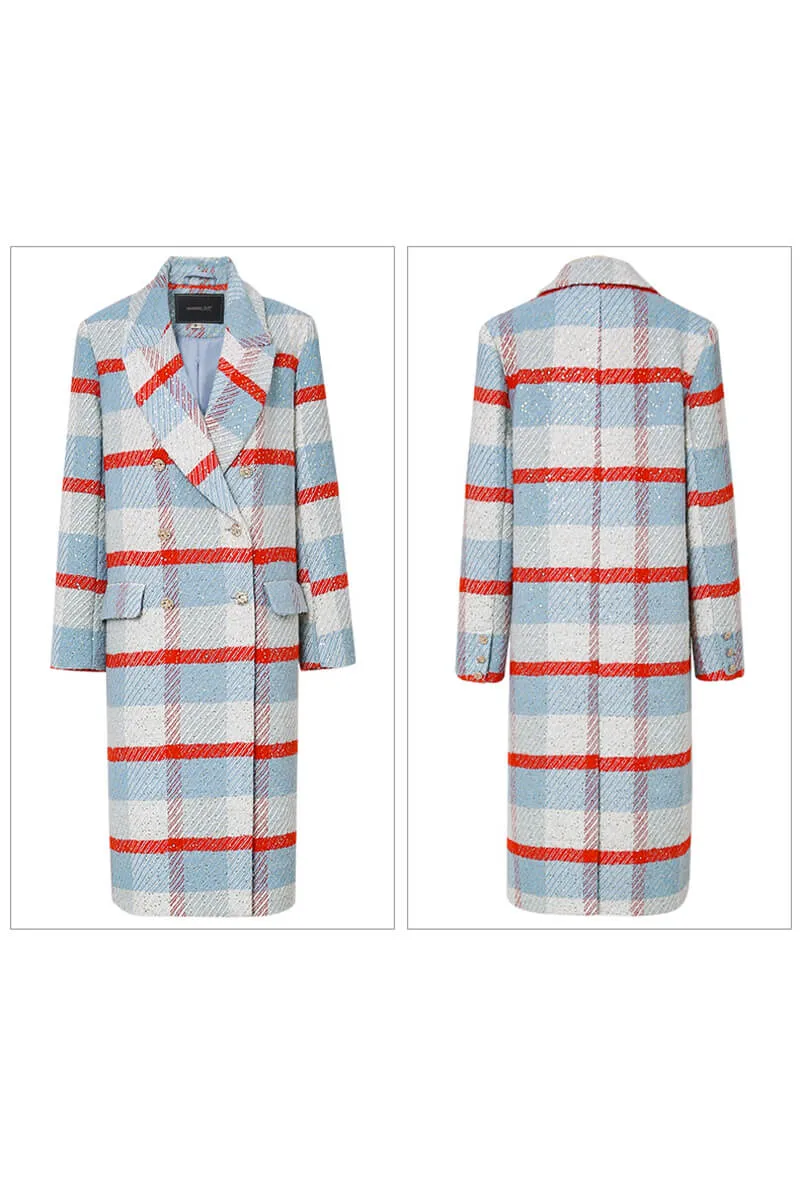 Wool Blend Plaid Sequin Double Breasted Coat