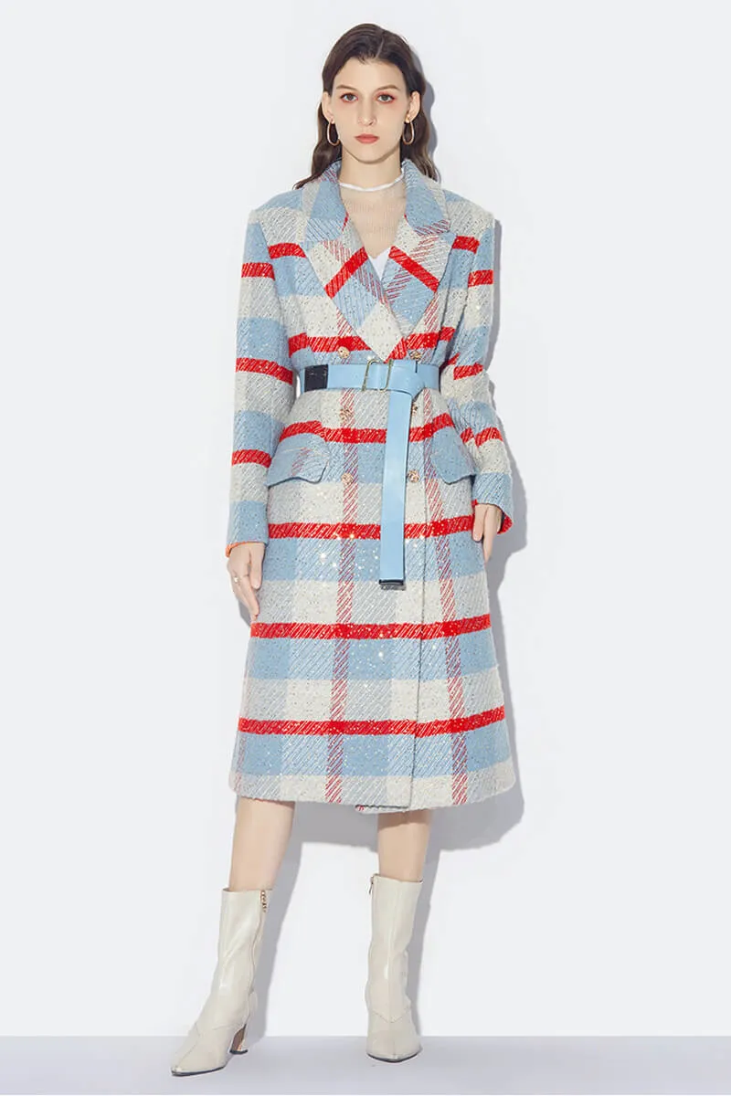 Wool Blend Plaid Sequin Double Breasted Coat