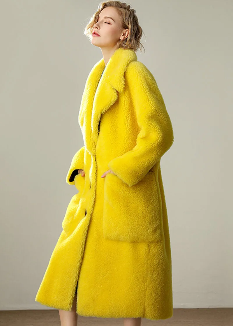 Yellow Wool Fleece Single Breasted Long Coat