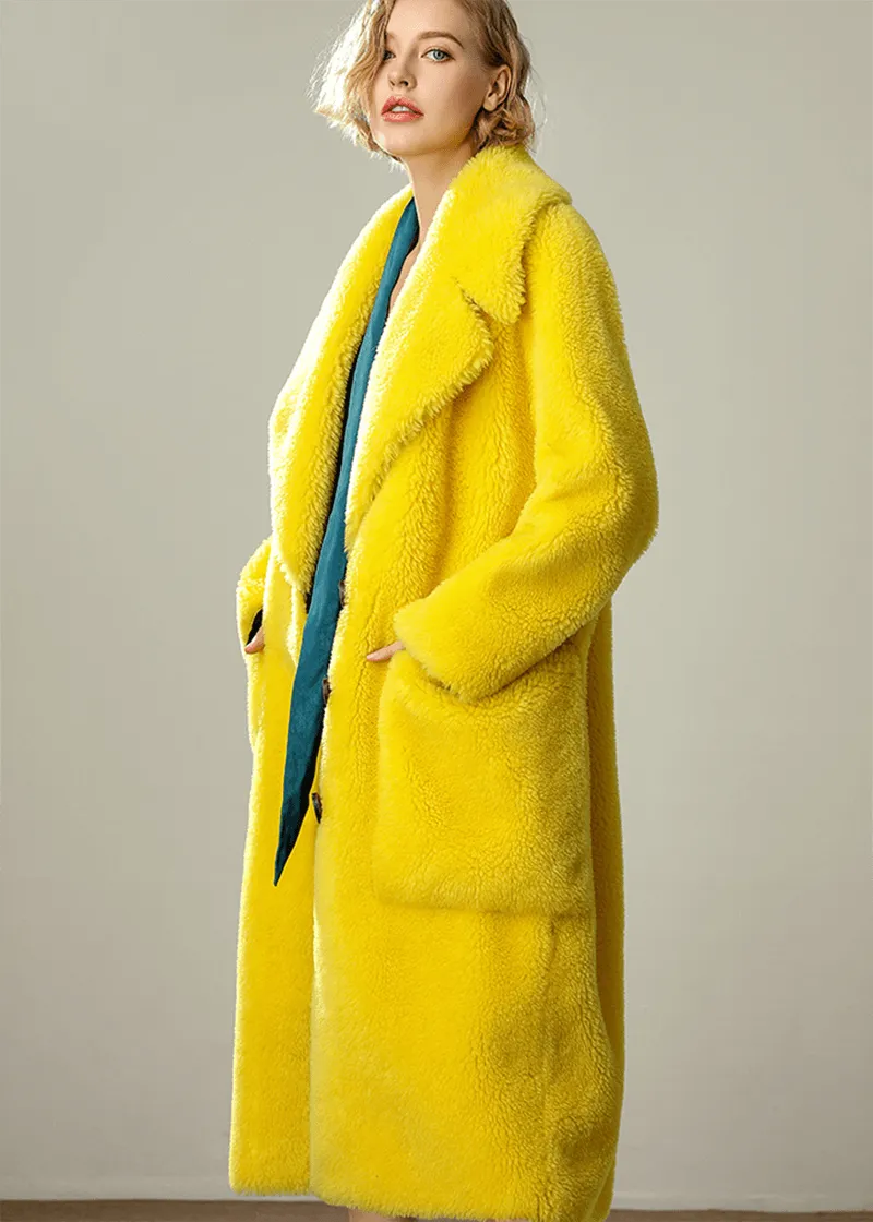 Yellow Wool Fleece Single Breasted Long Coat