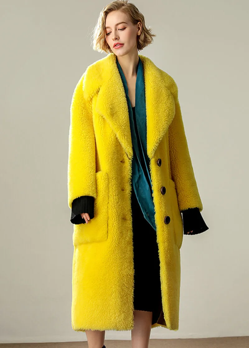 Yellow Wool Fleece Single Breasted Long Coat