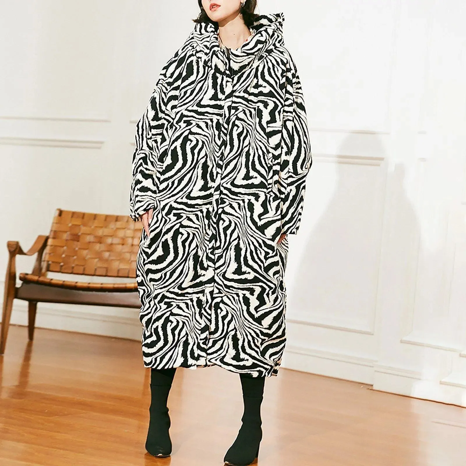 Zebra Hood Long Down Puffer Coat