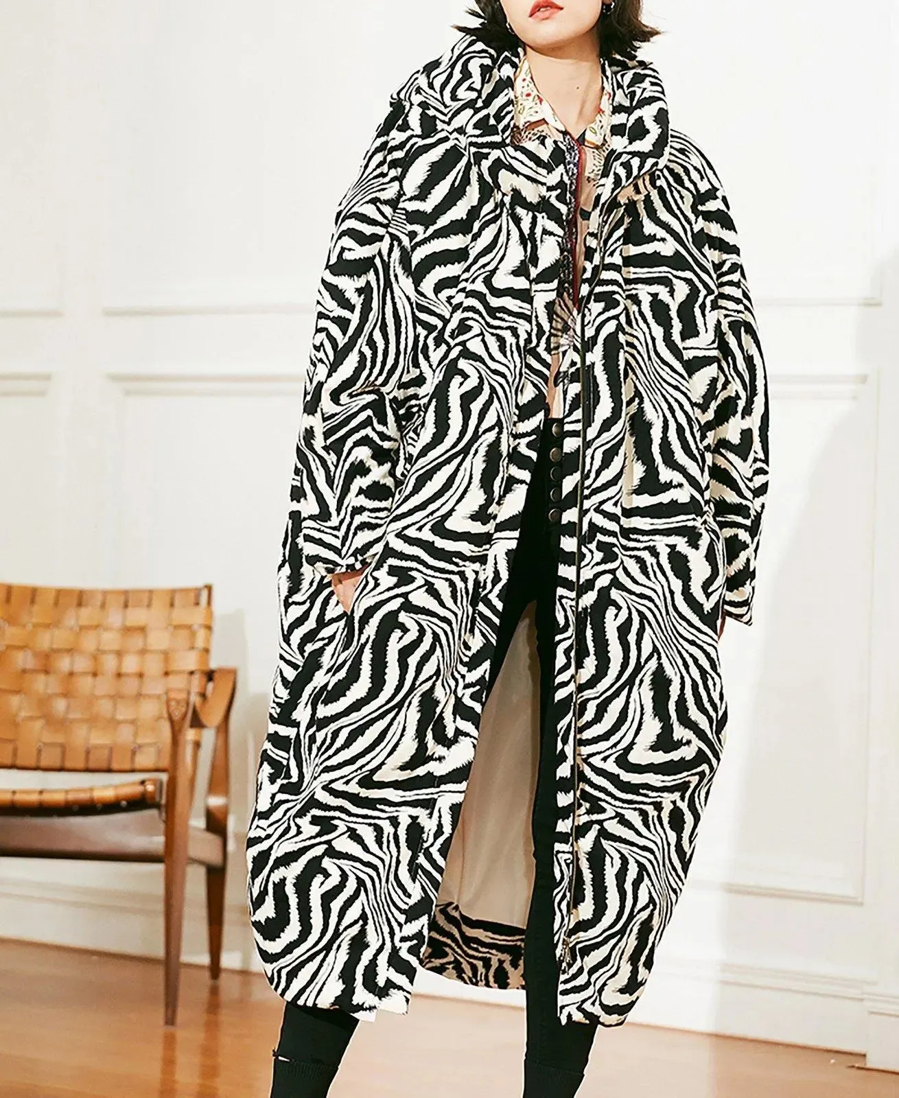 Zebra Hood Long Down Puffer Coat